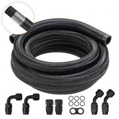 Black 10AN fuel line kit with 10ft stainless steel braided nylon hose and aluminum fittings.