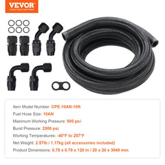 Black 10AN fuel line kit with 10ft nylon braided stainless steel hose and aluminum fittings.