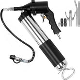 Black air-operated grease gun with 400cc silver barrel, hose, and accessories.