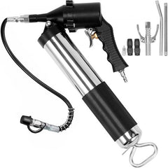 Black air-operated grease gun with 400cc silver barrel, hose, and accessories.