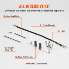 Air operated grease gun kit with 400cc capacity, flex hose, and four metal couplers.