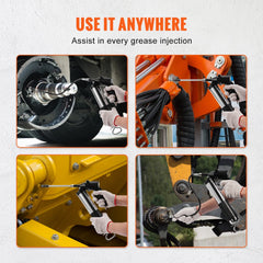 Air-operated grease gun with 400cc capacity used on vehicle parts like axles and excavators.