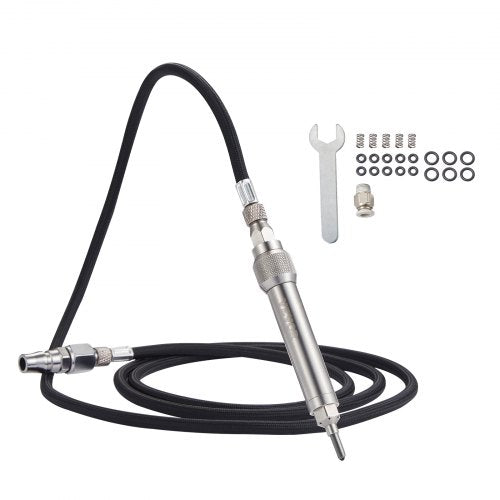 Compact stainless steel pneumatic engraving pen with black hose, wrench, and bits.