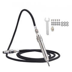 Compact stainless steel pneumatic engraving pen with black hose, wrench, and bits.