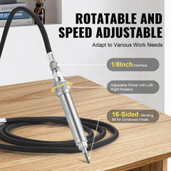 Pneumatic engraving pen with rotatable head, speed adjustment, 1/8-inch interface, and 16-sided sanding bit.