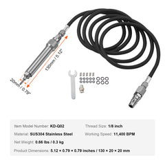 Compact stainless steel pneumatic engraving pen with 1/8-inch collet, flexible hose, wrench, and collets.