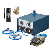 Blue pneumatic engraver machine with dual spindles, blue hoses, foot pedal, pen, bottle, and butterfly.