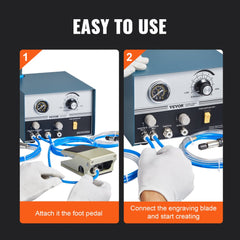 Two-panel diagram showing Bostome pneumatic engraver: attaching foot pedal to control unit and connecting engraving blade.