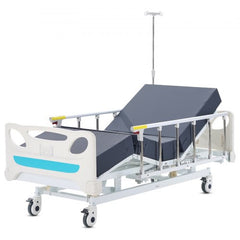 White electric hospital bed with adjustable backrest, legrest, height, IV pole, and casters.
