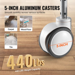 Close-up of a 5-inch aluminum caster wheel on a hospital bed with 440 lbs weight capacity text.