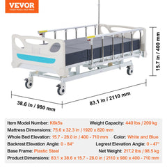 White and blue full electric hospital bed with adjustable backrest, legrest, height, and lockable casters.