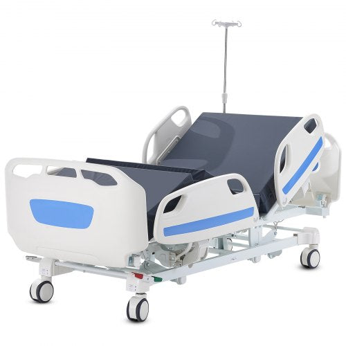 White electric hospital bed with 5 functions, blue accents, IV pole, and wheels.