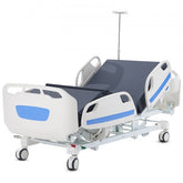 White electric hospital bed with 5 functions, blue accents, IV pole, and wheels.