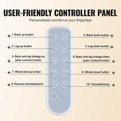 Diagram of a user-friendly controller panel for a 5-function electric hospital bed, labeling buttons for back, leg, height, and Trendelenburg adjustments.