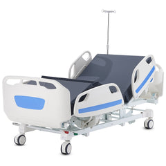 White full electric hospital bed with 5 functions, blue accents, IV pole, and lockable wheels.