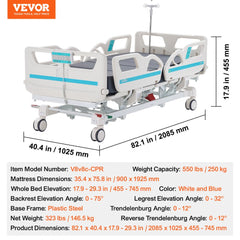 Full electric hospital bed with five functions and cardiac position for enhanced comfort.