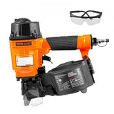 Orange Bostome MCN55 pneumatic coil siding nailer with black magazine and safety glasses.