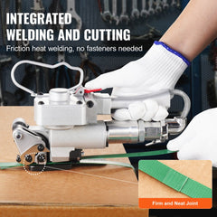 Handheld Bostome pneumatic strapping tool for 1/2"-3/4" PP/PET straps with aluminum body.