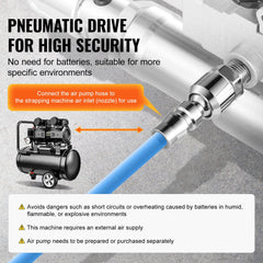Handheld pneumatic strapping tool for 1/2"-3/4" PP/PET straps with lightweight aluminum body.