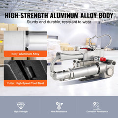 Handheld Bostome pneumatic strapping tool for 3/4"-1" PET bands with lightweight aluminum body.