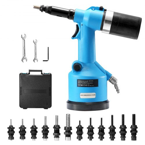 Bostome Heavy Duty Pneumatic Air Riveter Gun Kit with 13 nose pieces for various rivet sizes.