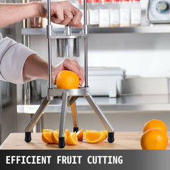 Stainless steel 8-section fruit wedger with ergonomic handle and non-slip rubber feet.