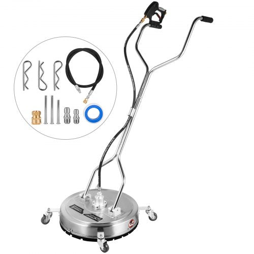 Stainless steel 21-inch pressure washer surface cleaner with adjustable handle and caster wheels.