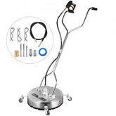 Stainless steel 21-inch pressure washer surface cleaner with adjustable handle and caster wheels.