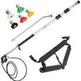 18ft telescoping aluminum pressure washer wand with 4000 PSI rating, five nozzles, extension rod, and harness.