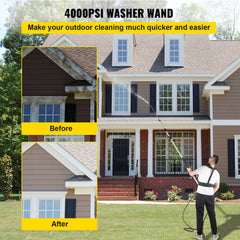 Man using Bostome 18ft telescoping aluminum pressure washer wand cleaning house siding.