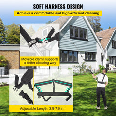 Telescoping pressure washer wand with soft harness, adjustable length 3.9-9 inches, and movable clamp shown in use on house exterior.