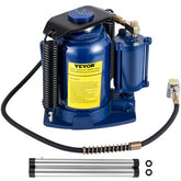 Blue Bostome 32 Ton Air Hydraulic Bottle Jack with hose, handle, and dual operation features