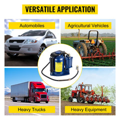 A 32-ton air hydraulic bottle jack shown lifting automobiles, agricultural vehicles, heavy trucks, and equipment.