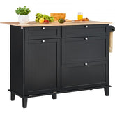 Black kitchen island cart with wood top, storage drawers, cabinets, and hooks.