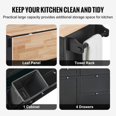 Kitchen island cart with wood top, trash cabinet, four drawers, leaf panel, and towel rack.