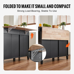Wood-top kitchen island cart with black storage cabinets, drawers, and fold-down extension.