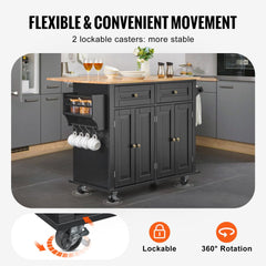 Bostome Rolling Kitchen Island Cart in wood and black with drawers, shelves, and towel rack.