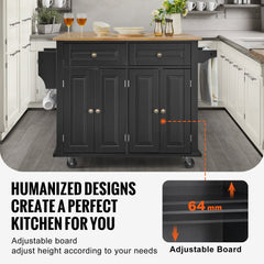 Bostome Rolling Kitchen Island Cart in wood and black with drawers, shelves, and towel rack.