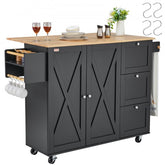 Bostome rolling kitchen island cart in wood and black with drawers, shelves, and casters.