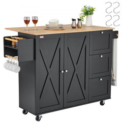Bostome rolling kitchen island cart in wood and black with drawers, shelves, and casters.