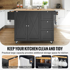 Bostome Rolling Kitchen Island Cart in wood and black with drawers, cabinets, and wheels.