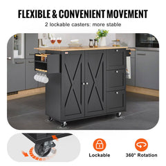 Bostome rolling kitchen island cart in wood and black with drawers, shelves, and hooks.