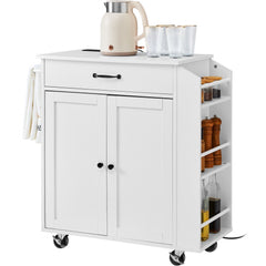 White kitchen island cart with charging station, cabinets, drawer, shelves, and wheels.