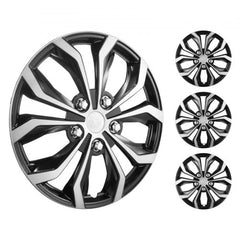 Set of four 16-inch black and silver multi-spoke wheel hubcaps.