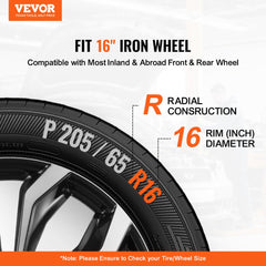 Set of 4 black 16-inch wheel rim hubcaps with multi-spoke design and snap-in clips.