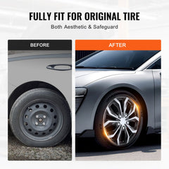 Before-and-after image of a silver car showing worn steel wheels upgraded to shiny 16-inch hubcaps.