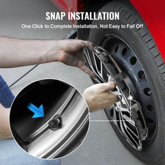 Hand installing a snap-on hubcap on a 16-inch car wheel rim with one-click mechanism.