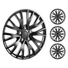Set of 4 black 16-inch multi-spoke wheel rim hubcaps for all-weather protection.