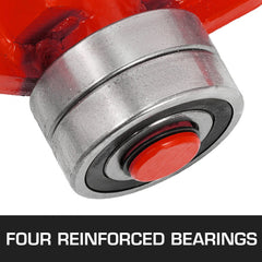 Close-up of four reinforced sealed bearings in a red pry lever bar.