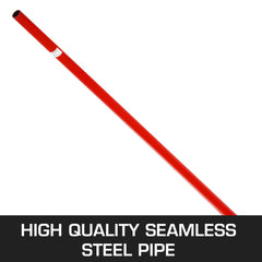 A red steel pry lever bar with a black end is shown diagonally against a white background.
